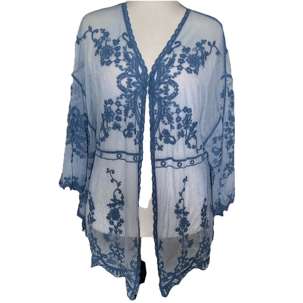 Boho Chic Embroidered Mesh Lace Duster 1X Romantic Blue Cover Beach Festival NWT